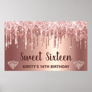 Poster Rose Gold Pailletés et Diamant Sweet 16