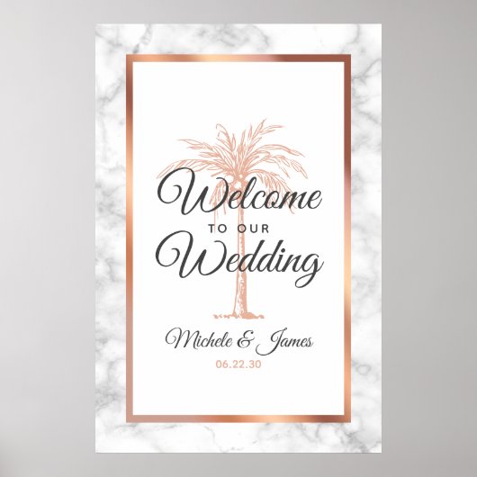 Poster Rose Gold Palm Tree Marbre Mariage Bienvenue (Devant)