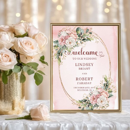 Poster Rose Gold Romantique Fleurs Verdure Mariage Bienve