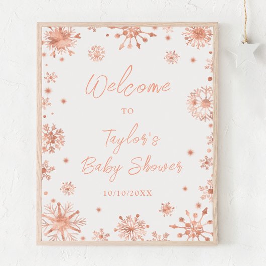 Poster Rose Gold Snowflakes Baby shower Bienvenue