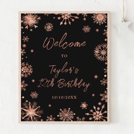 Poster Rose Gold Snowflakes fête d'anniversaire