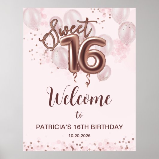 Poster Rose Gold Sweet 16 Anniversaires Ballons Rose Affi (Devant)