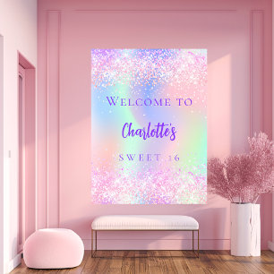 Poster Rose holographique violet doux 16 bienvenue