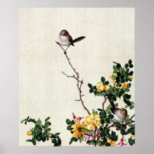 Poster Rose jaune vintage et oiseaux Art Chinoiserie