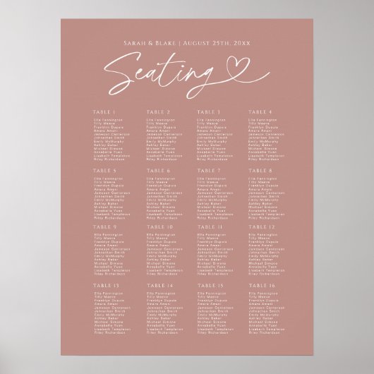 Poster Rose moderne Dusty Script Mariage Seing Chart (Devant)