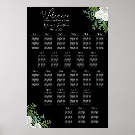 Poster Rose noire et blanche Mariage gothique 24 Seating  (Devant)