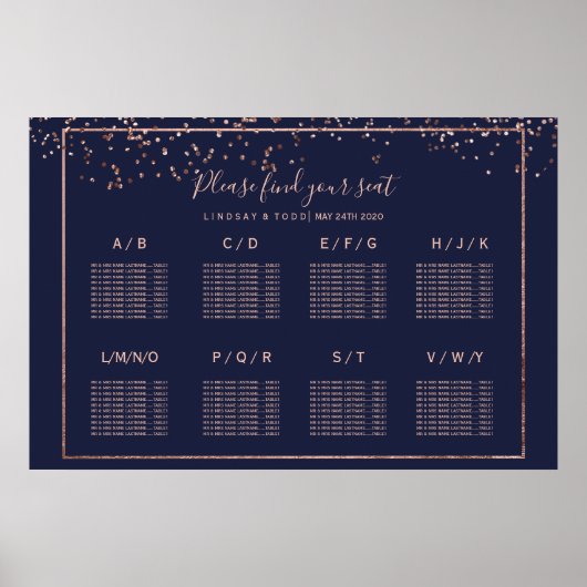 Poster Rose or confetti marine bleu mariage table assise (Devant)