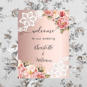 Poster Rose or rose floraux dentelle mariage bienvenue