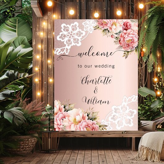 Poster Rose or rose floraux dentelle mariage bienvenue