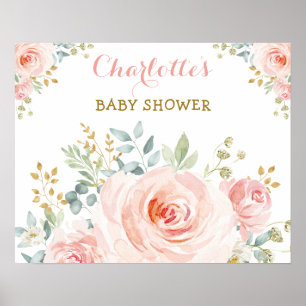 Poster Rose Pâle Élégante Fleurs Dorées Baby Shower Anniv