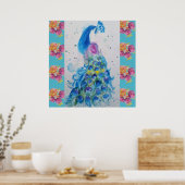 Poster Rose Peacock Blue Bird Aquarelle Aqua (Cuisine)