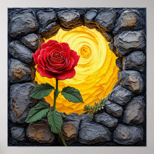 Poster Rose poussant hors d'un trou dans un mur de pierre