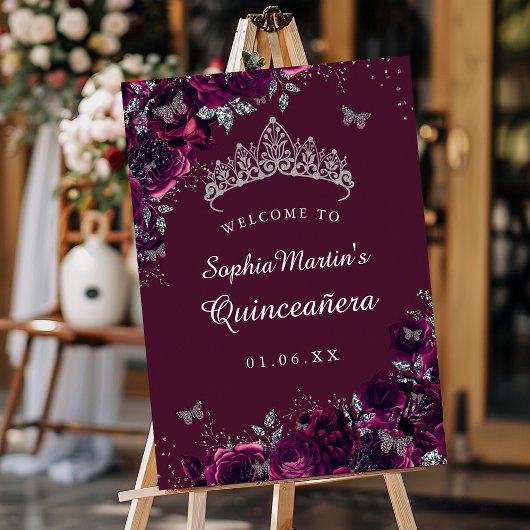 Poster Rose Quinceanera en Bourgogne en argent