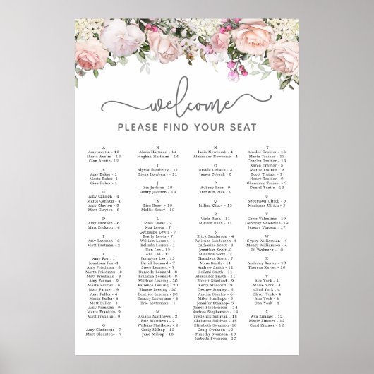 Poster Rose rose Alphabétique Doux 16 Seating Chart (Devant)