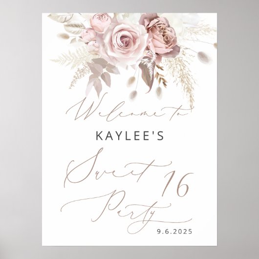 Poster Rose rose pâle rose pâle 16 Anniversaire Bienvenue (Devant)