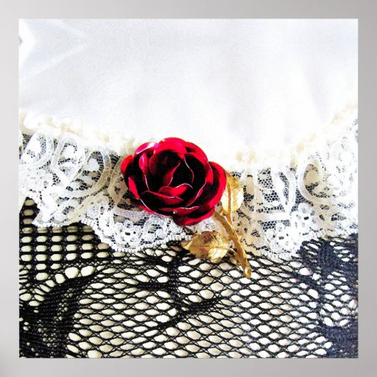 Poster Rose rouge romantique et dentelle blanche (Devant)