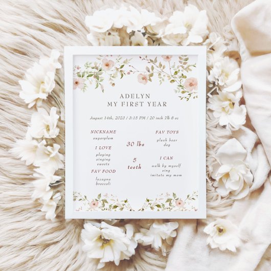 Poster Rose sauvage Baby First Birthday Année Signe