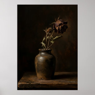 Poster Rose Séchée Sombre Vase en Terre Cuite Nature Mort