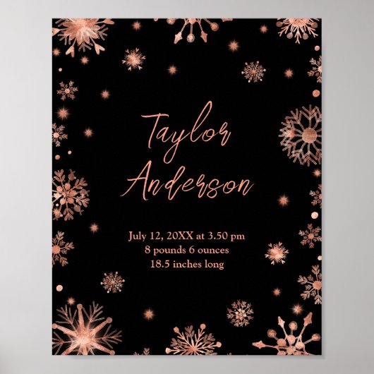 Poster Rose Snowflakes Gold sur White Birth Stats (Devant)