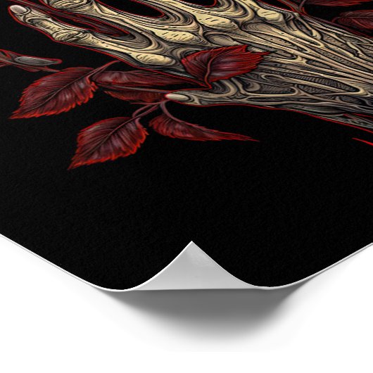 Poster Rose Squelette Crâne main rouge Fleur Rose 1 (Coin)