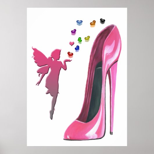 Poster rose Stiletto Chaussure, Fée et Coeurs (Devant)
