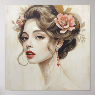 Poster Rose Vintage Femme Cheveux Art Nouveau