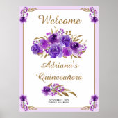 Poster Rose violet feuille or Quinceanera Bienvenue (Devant)
