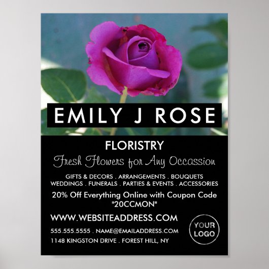 Poster Rose violet, fleuriste, fleuriste publicité (Devant)