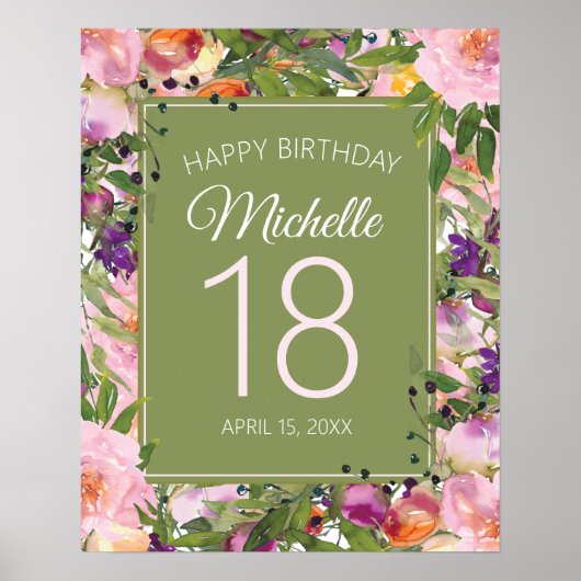Poster Rose violet Floral Vert Feuilles 18e anniversaire (Devant)
