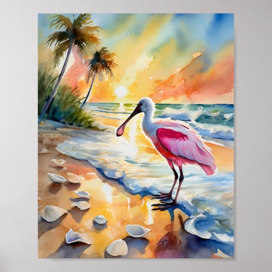 Poster Roseate Spoonbill Floride Coucher de soleil Couleu (Devant)