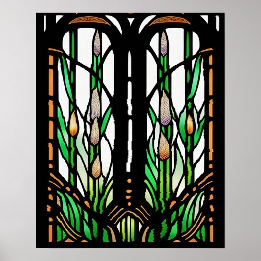 Poster Roseaux verts colorés Art Nouveau Vitrail (Devant)
