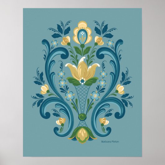 Poster Rosemaling bleu et or (Devant)