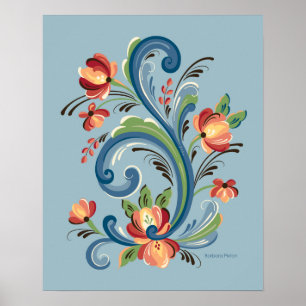 Poster Rosemaling bleu et rouge