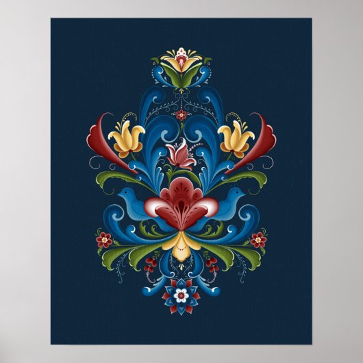 Poster Rosemaling scandinave bleu rouge folklorique (Devant)