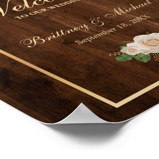 Poster Roses blanches en bois rustique et cadre en or | M (Coin)