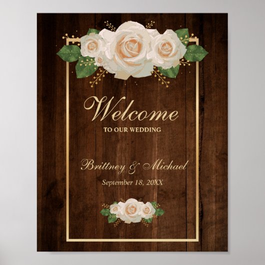 Poster Roses blanches en bois rustique et cadre en or | M (Devant)