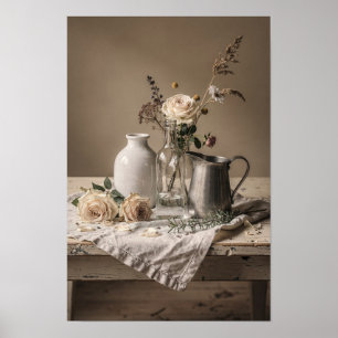 Poster Roses blanches et pichet vintage nature morte