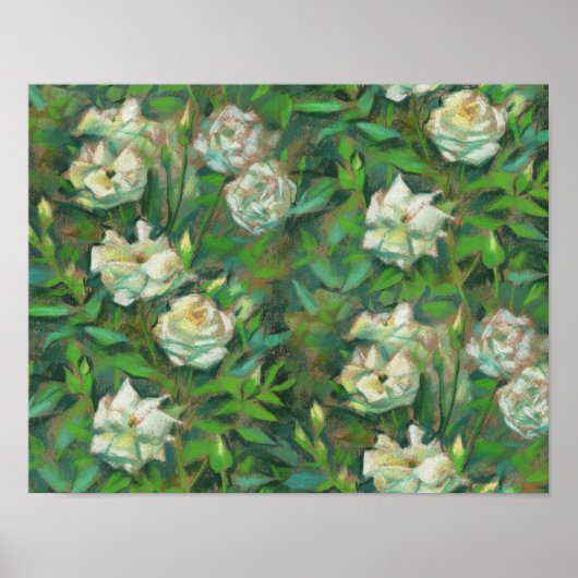 Poster Roses blanches Fleurs Feuilles vertes Peinture flo (Devant)