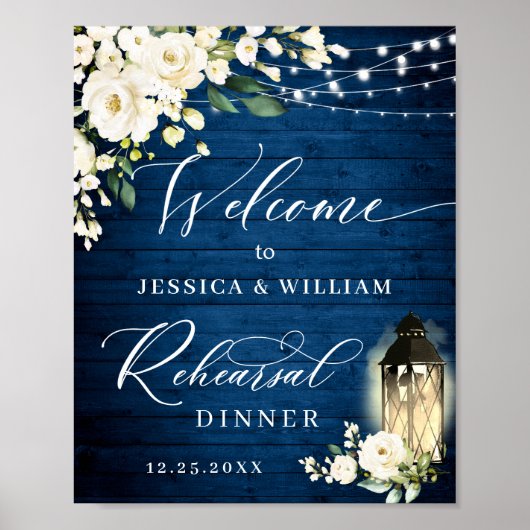 Poster Roses blanches Lanterne Bleu Dîner de répétition e (Devant)