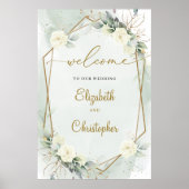 Poster Roses blanches Vert Eucalyptus Or Géométrique (Devant)