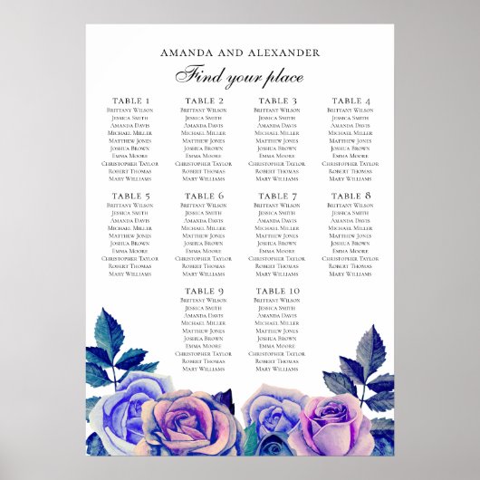 Poster Roses bleues et violettes. Plan de table de mariag (Devant)