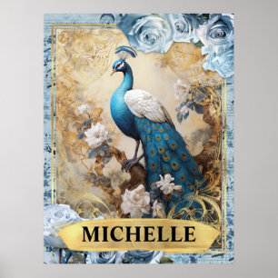 Poster Roses bleues romantiques et fantaisie de paon