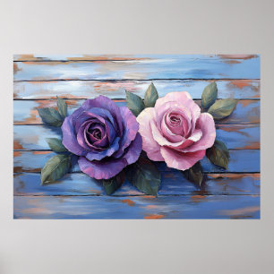 Poster Roses Colorées sur Fond en Bois Rustique