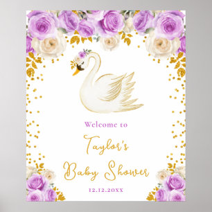 Poster Roses cygne violet et or Baby shower Bienvenue