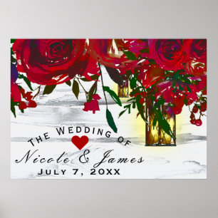 Poster Roses d'aquarelle rouge romantique et Mariage de l