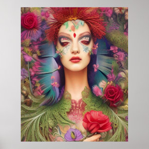 Poster Roses de beauté féminine sur la coiffure de plumes