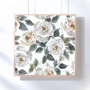 Poster Roses de jardin Floral vintage aquarelle blanche