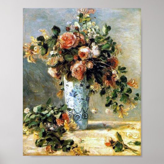 Poster Roses et Jasmin dans un Delft Vase Renoir Art (Devant)