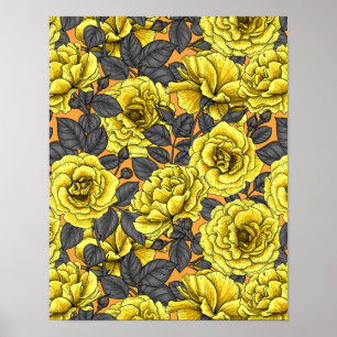 Poster Roses jaunes avec feuilles gris sur orange