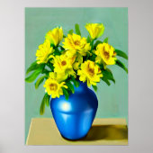 Poster Roses jaunes dans un Vase bleu Boho Art (Devant)